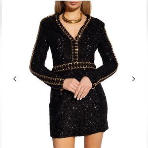 Balmain V-Neck Chain-Trimmed Sequin Dress NWT